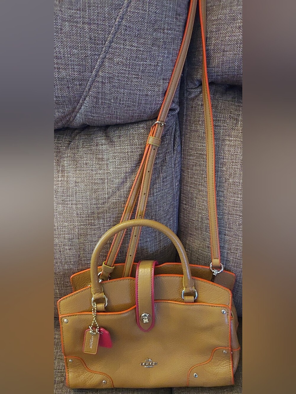 Coach Mercer Satchel 24 with Orange Trim and Pink Accent